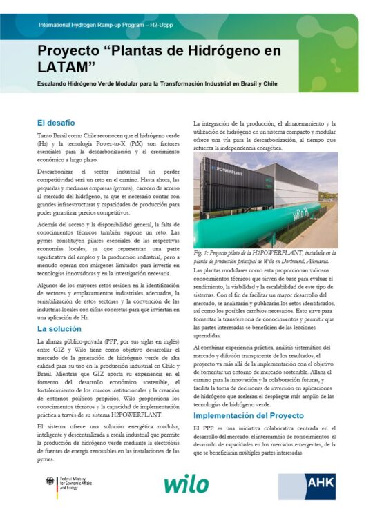 Portada: Ficha técnica H2Uppp: Plantas de hidrógeno para Latinoamérica (Wilo) (español)