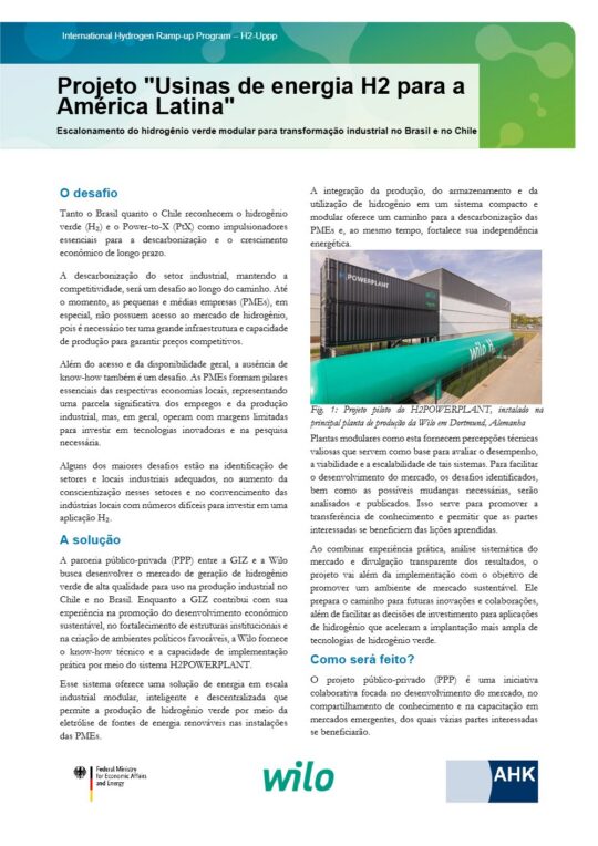 Portada: Ficha técnica H2Uppp: Plantas de hidrógeno para Latinoamérica (Wilo) (portugués)