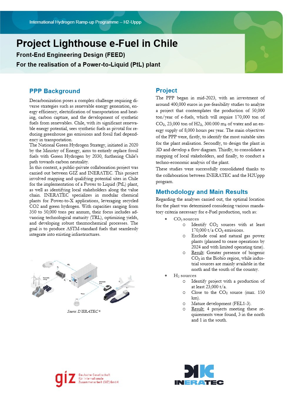 Portada: Ficha técnica de resultados PPP INERATEC: e-fuels Power-to-Liquid en Chile (inglés)