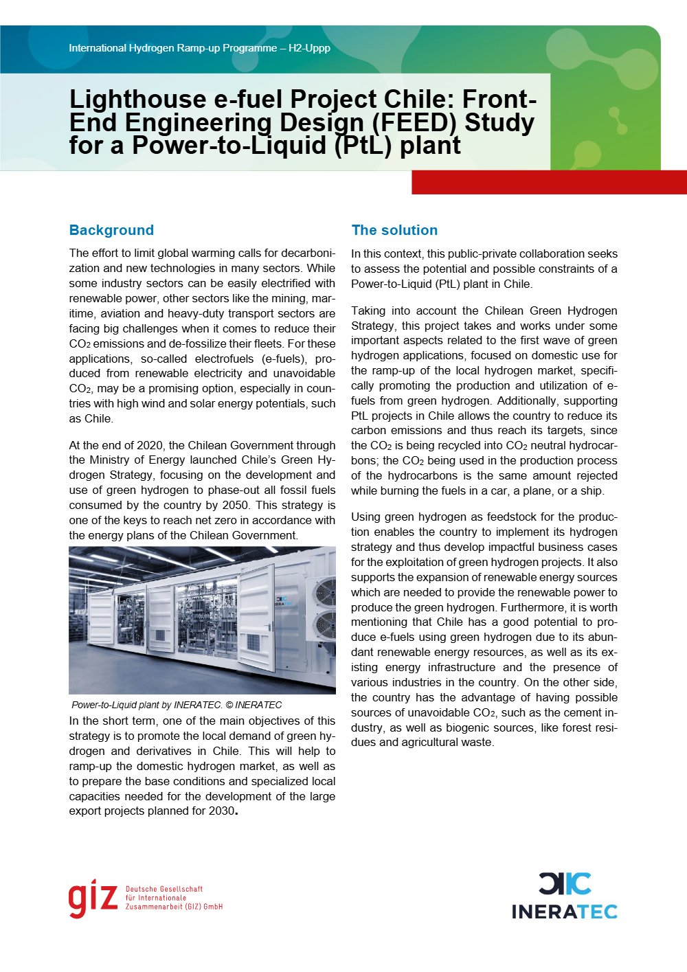 Portada: Ficha técnica H2Uppp: Lighthouse e-fuel Chile, estudio FEED para una planta Power-to-Liquid (inglés)