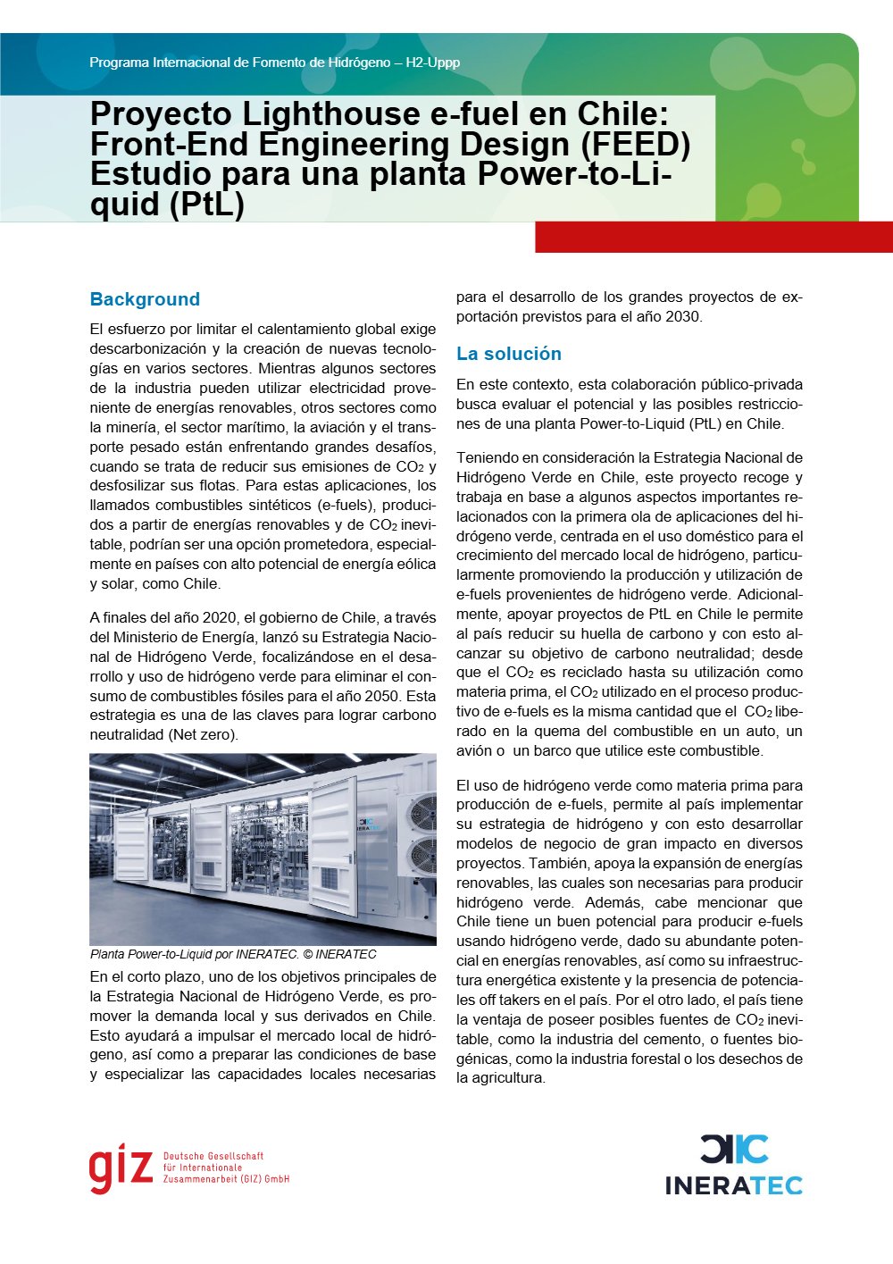 Portada: Ficha técnica H2Uppp: Lighthouse e-fuel Chile, estudio FEED para una planta Power-to-Liquid (español)