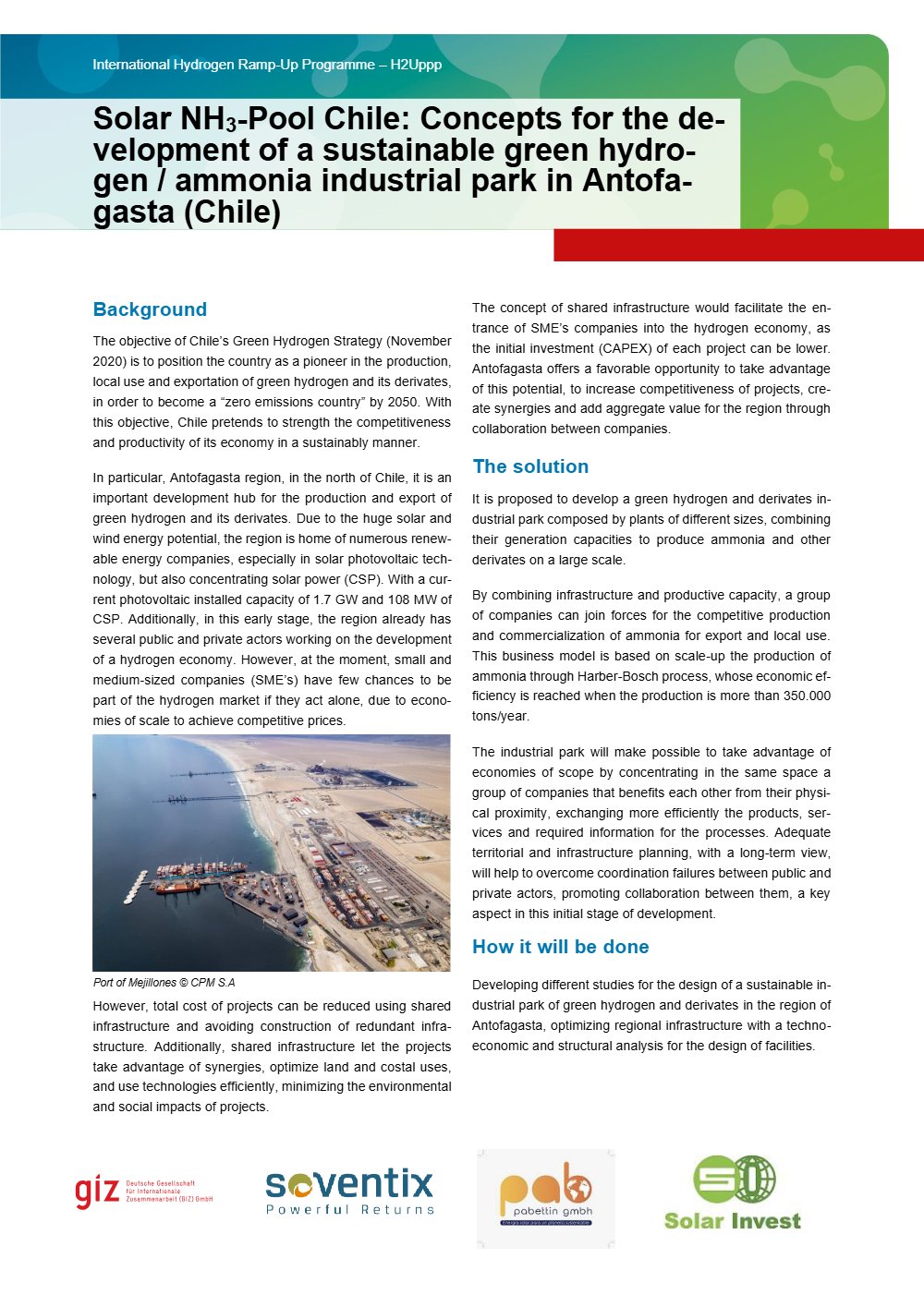 Portada: Ficha técnica H2Uppp: Solar NH3-Pool Chile, parque industrial de hidrógeno y amoníaco verde en Antofagasta (inglés)