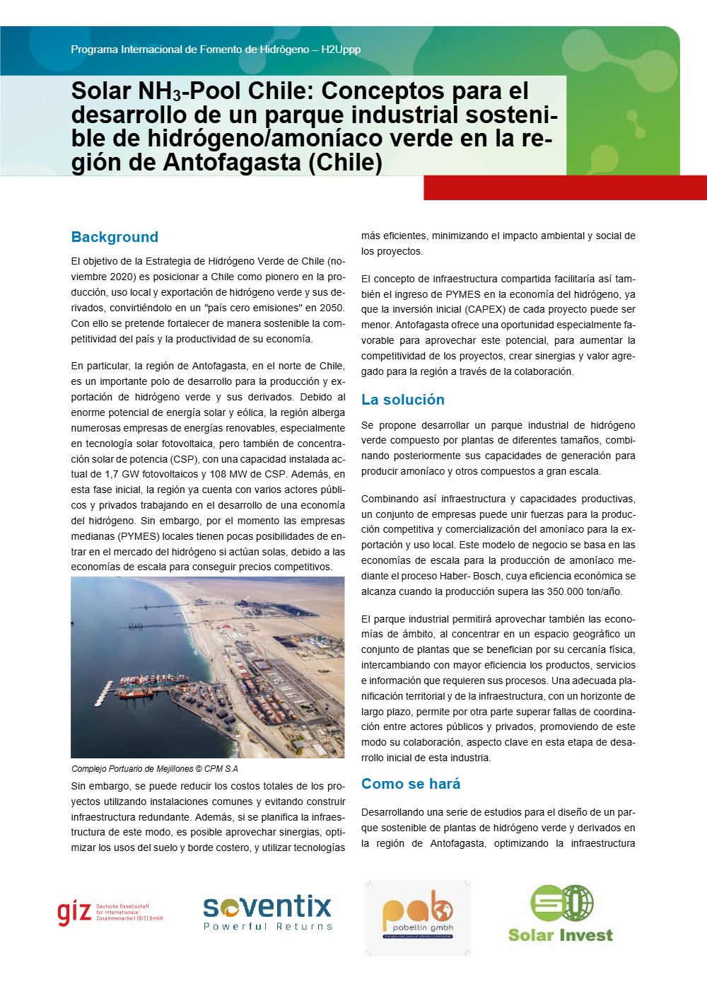 Portada: Ficha técnica H2Uppp: Solar NH3-Pool Chile, parque industrial de hidrógeno y amoníaco verde en Antofagasta (español)