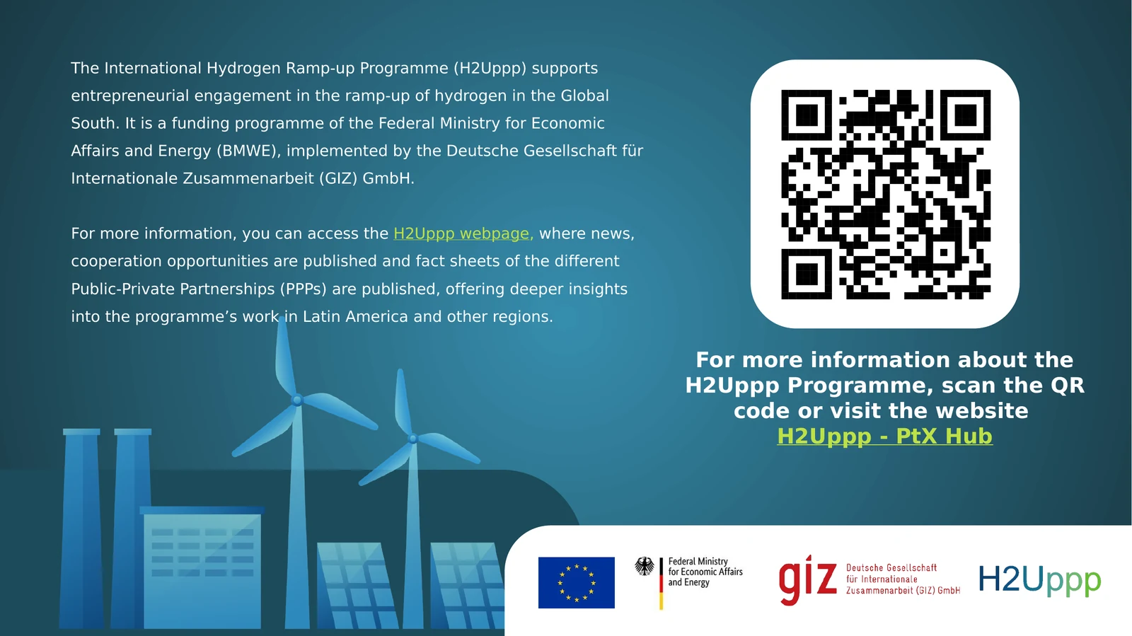 Portada de la presentación H2Uppp LATAM Impact, con el mapa de América Latina, una ilustración de estación de recarga con energías renovables y los logotipos de la Unión Europea, el Ministerio Federal de Economía y Energía (BMWE) de Alemania, GIZ y H2Uppp.